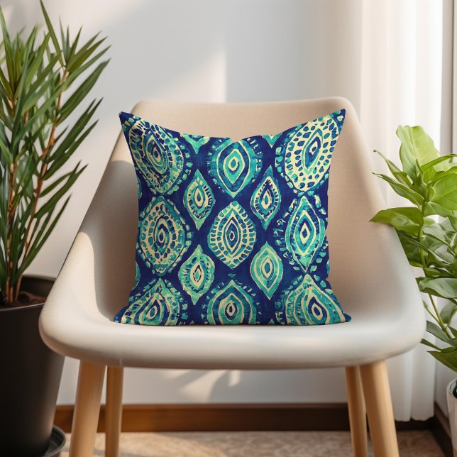Blue Teal Turquoise Bohemian Pattern  Cushion (Blue Teal Turquoise Bohemian Pattern Throw Pillow)
