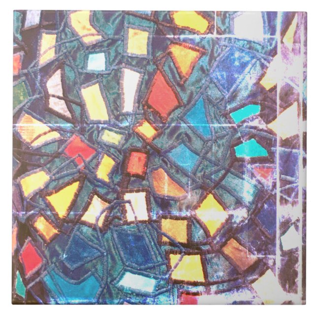 Blue teal vintage distressed colourful yellow red  ceramic tile (Front)