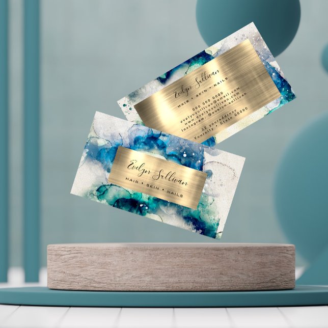 Blue Teal Watercolor and Gold Foil Business Card (Creator Uploaded)