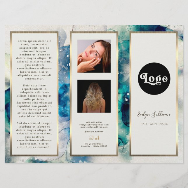 Blue Teal Watercolor Elegant Brochure (Front)
