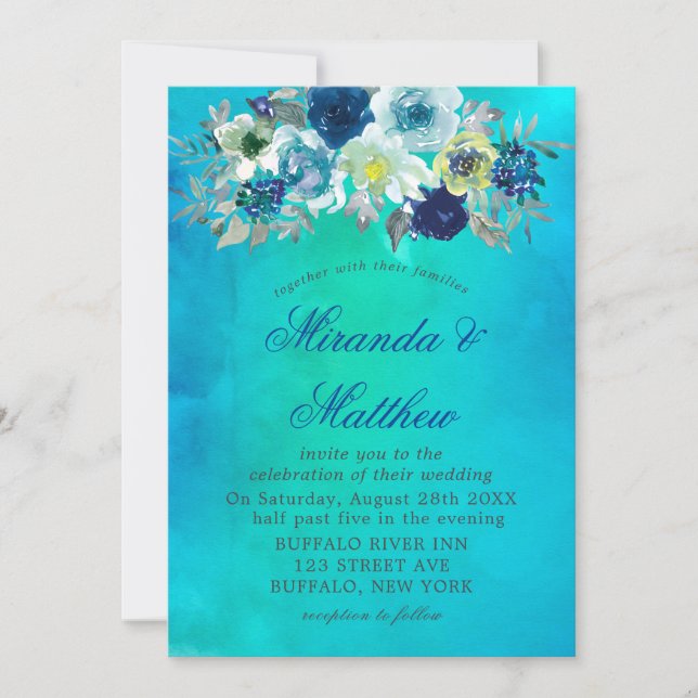 Blue Teal Watercolor Peony Wedding Invitations  (Front)