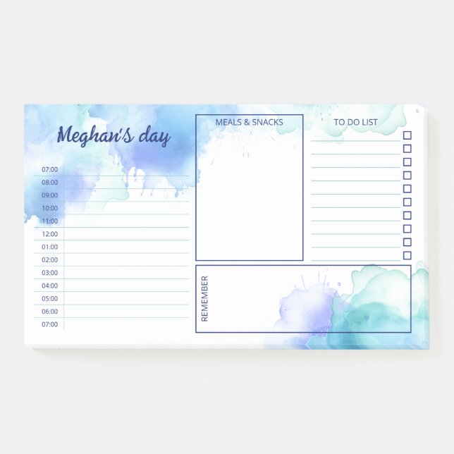 Blue Teal Watercolor Stains Daily Planner Post-it Notes (Front)