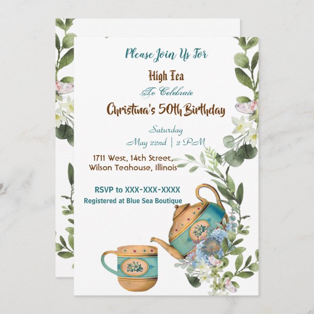 Blue Teapot Floral Afternoon High Tea 50 Birthday Invitation (Front/Back)