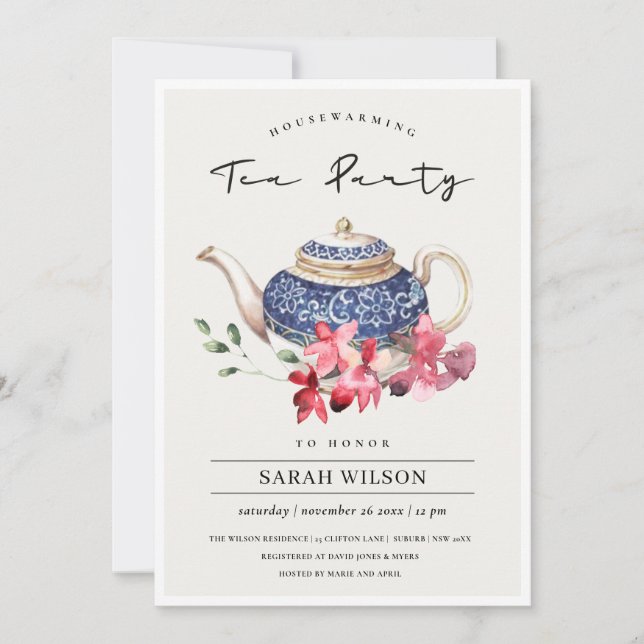 Blue Teapot Floral Housewarming Tea Party Invite (Front)