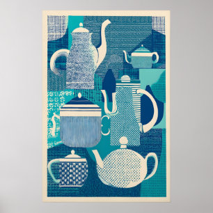 Blue Teapots Giclée Print Mid-Century Modern