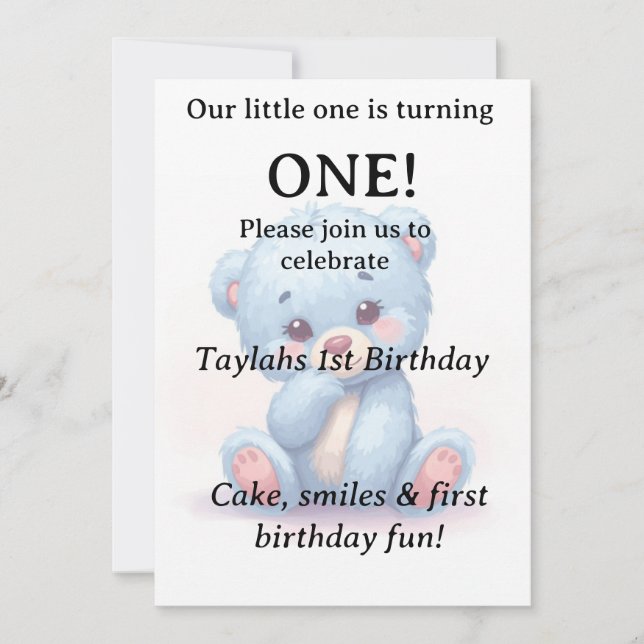 Blue Teddy Bear 1st Birthday Invitation  (Front)
