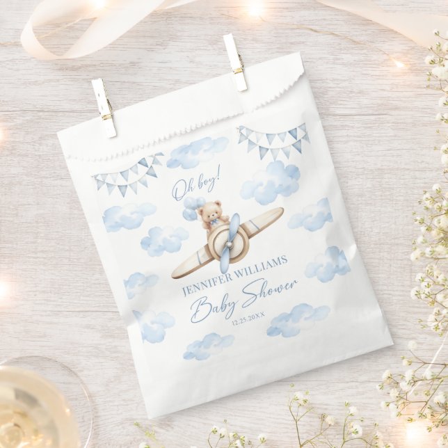 Blue Teddy Bear Aeroplane Baby Boy Shower Candy Favour Bag (Clipped)