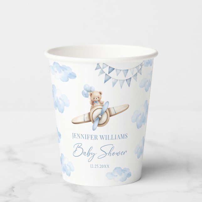 Blue Teddy Bear Aeroplane Boho Baby Boy Shower Paper Cups (Back)