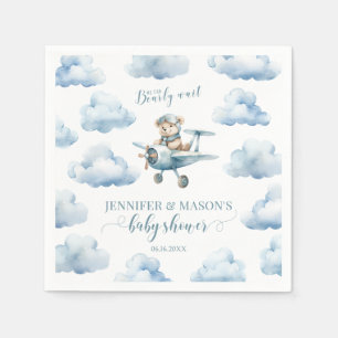 Blue teddy bear airplane baby boy shower napkin