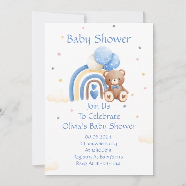 Blue teddy bear baby boy baby shower invitation  (Front)