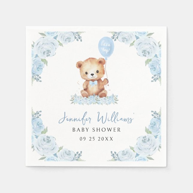 Blue teddy bear baby boy shower paper napkins (Front)