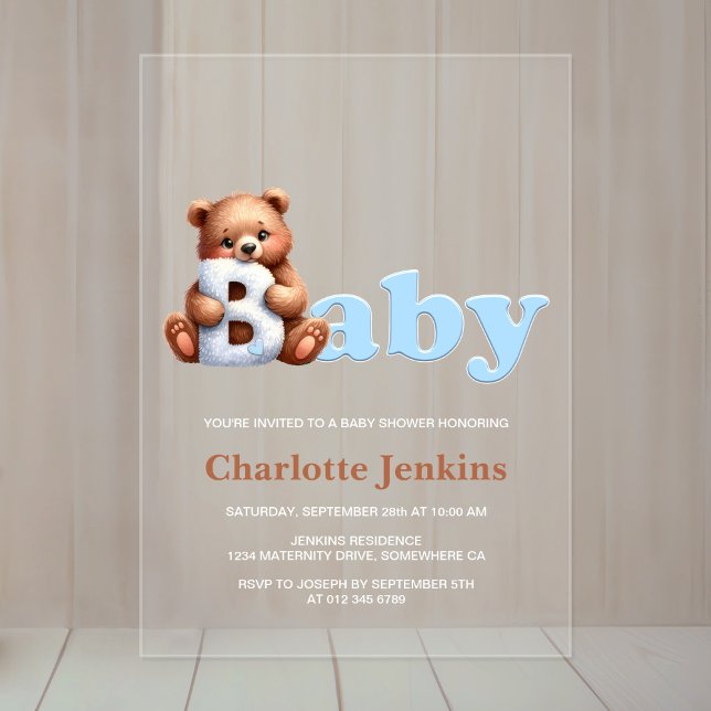 Blue Teddy Bear Baby Shower Acrylic Invitations (Creator Uploaded)