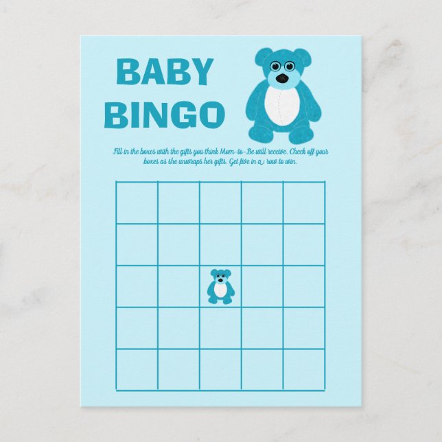 Blue Teddy Bear Baby Shower Bingo Game Cards (Front)