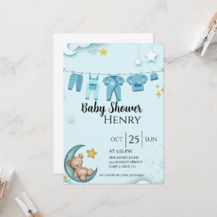blue teddy bear baby shower boy invitation