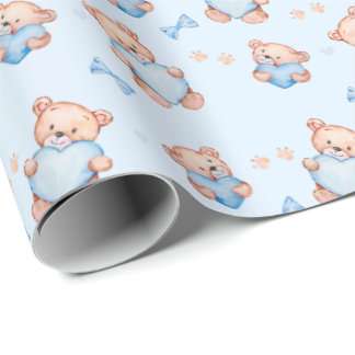 Blue Teddy Bear Baby Shower Giftwrapping Paper