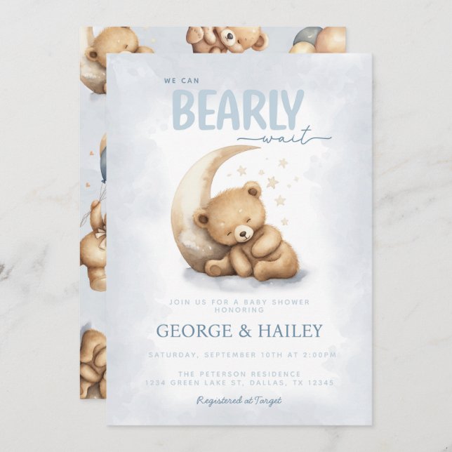 Blue Teddy Bear Baby Shower Invitation (Front/Back)