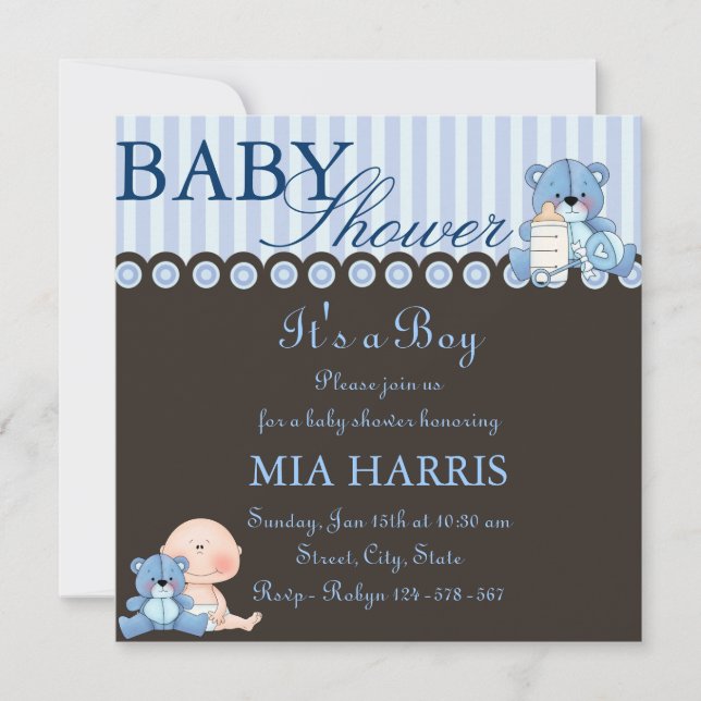 Blue Teddy Bear Baby Shower Invitation (Front)