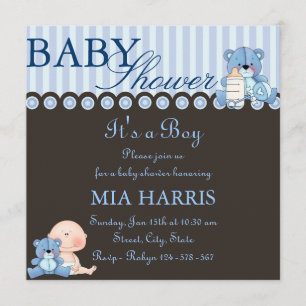Blue Teddy Bear Baby Shower Invitation
