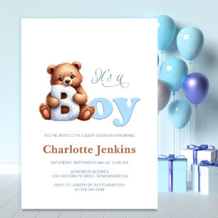 Blue Teddy Bear Baby Shower Invitation