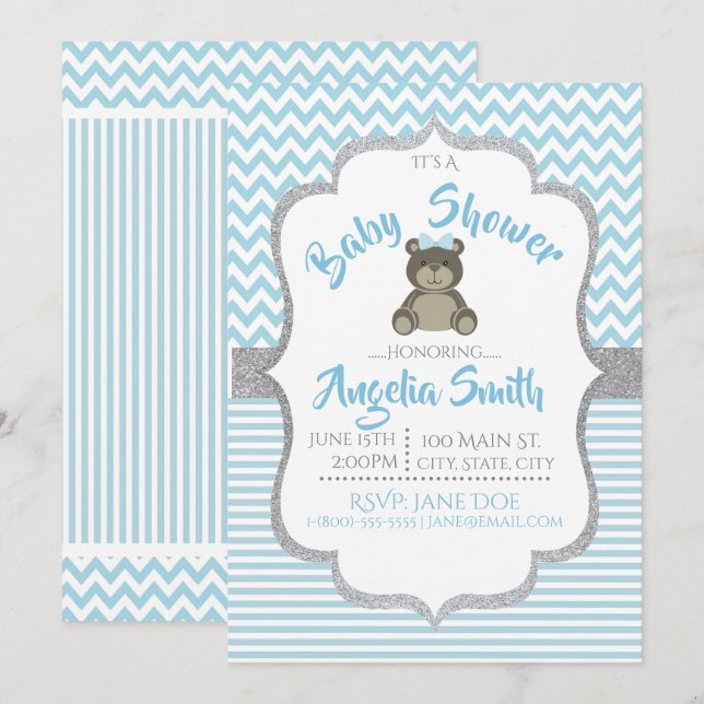 Blue Teddy Bear Baby Shower Invitation (Front/Back)