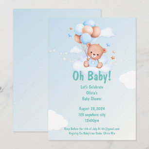 Blue teddy bear baby shower invitation