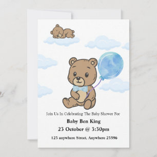 Blue Teddy Bear Baby Shower Invitation