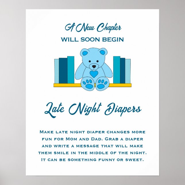 Blue Teddy Bear Baby Shower Late Night Diapers Poster (Front)
