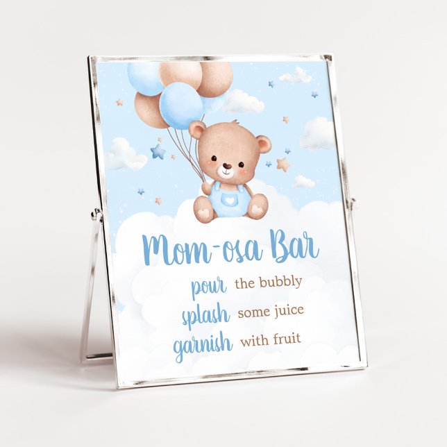 Blue Teddy Bear Baby Shower Mum Osa Bar Sign (Blue Boy Teddy Bear Clouds Balloon Baby Shower Sign)