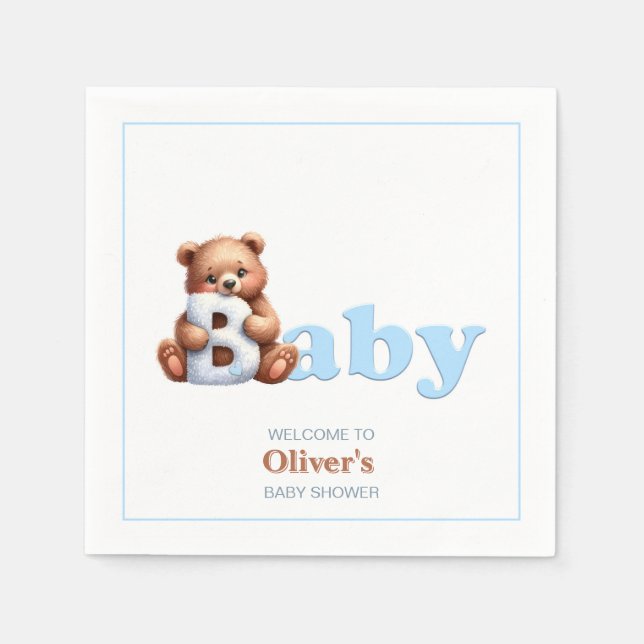 Blue Teddy Bear Baby Shower Napkin (Front)