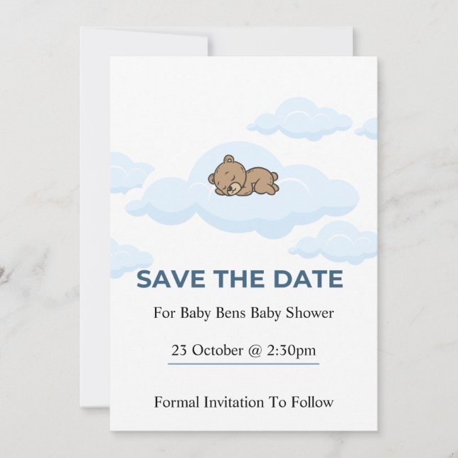 Blue Teddy Bear Baby Shower Save the Date Card (Front)