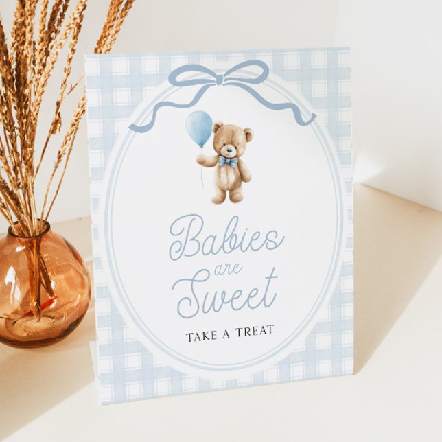 Blue Teddy Bear Baby Shower Sweets Table Pedestal Sign (Creator Uploaded)