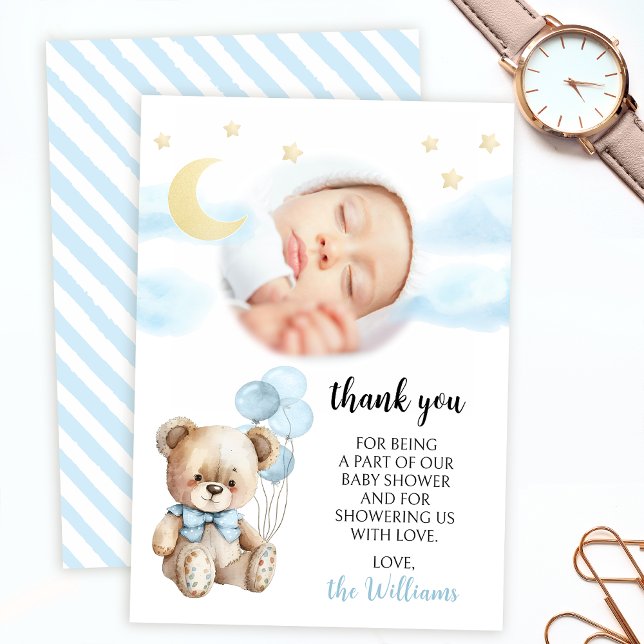 Blue teddy bear balloon baby boy shower photo thank you card (Creator Uploaded)