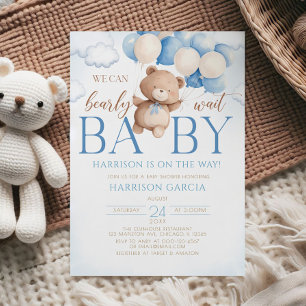 Blue Teddy Bear Balloon Bearly Wait Baby Shower Invitation