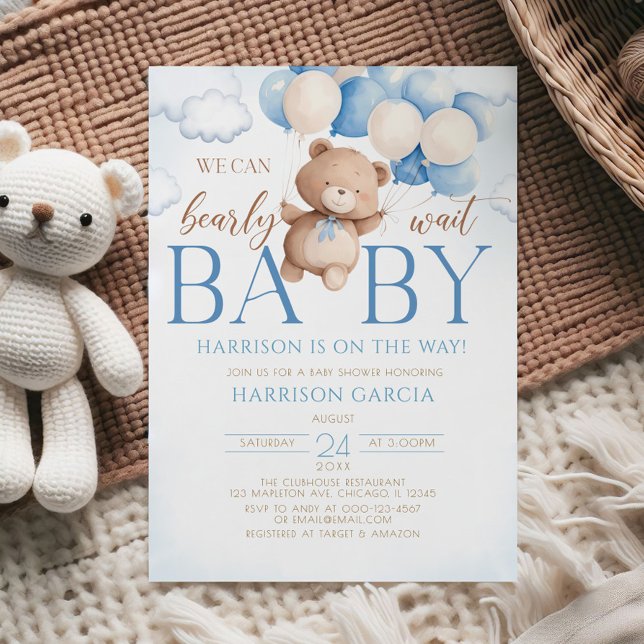 Blue Teddy Bear Balloon Bearly Wait Baby Shower Invitation (Creator Uploaded)