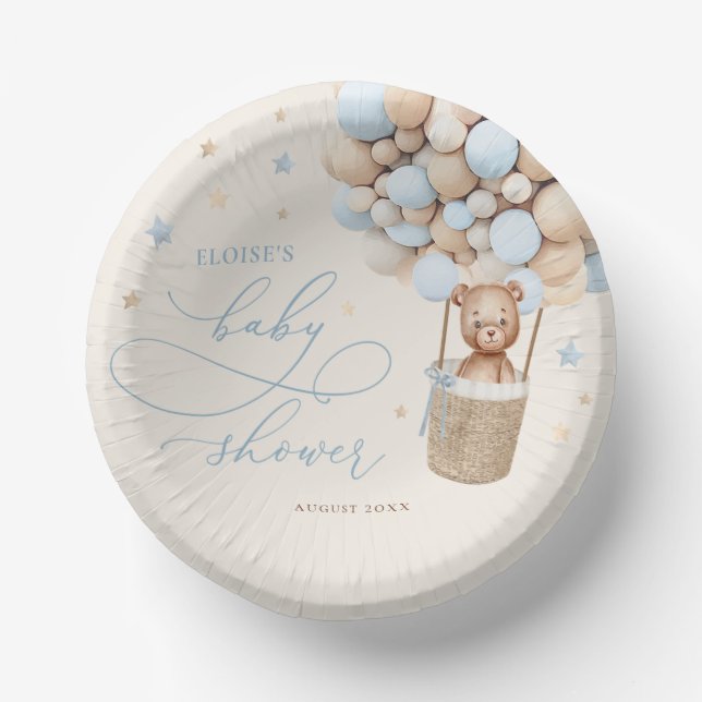 Blue Teddy Bear Balloon Bearly Wait Baby Shower Paper Plate (Front)