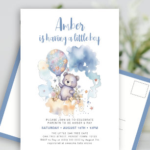 Blue Teddy Bear Balloon Cute Boy Baby Shower Invitation Postcard