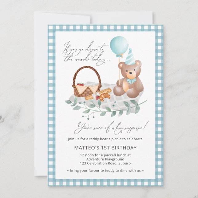 Blue Teddy Bear Balloon Picnic 1st Birthday Invita Invitation (Front)