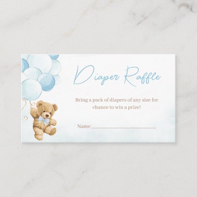 Blue Teddy Bear Balloons Baby Shower Diaper Raffle Enclosure Card (Front)