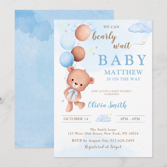 Blue Teddy Bear Balloons Boy Baby Shower Invitation (Front/Back)