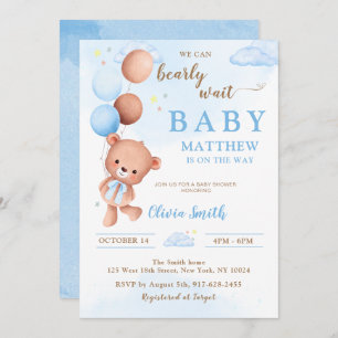 Blue Teddy Bear Balloons Boy Baby Shower Invitation
