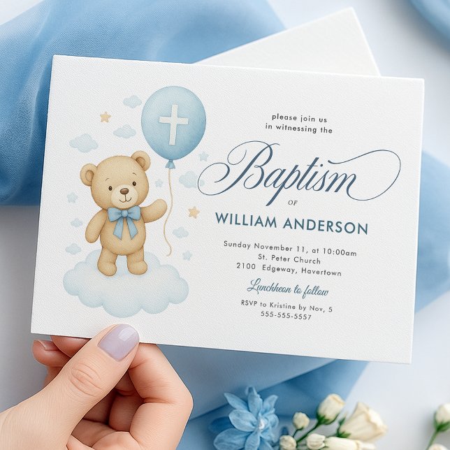 Blue Teddy Bear Baptism Invitation for Boy Cross (Charming teddy bear design highlighting your little one’s Baptism day.)