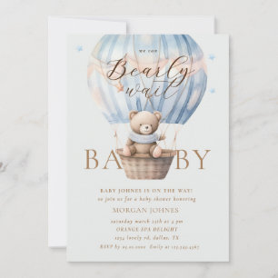Blue Teddy Bear Bearly Wait Baby Shower Invitation