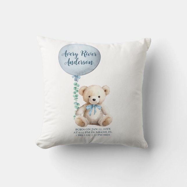 Blue Teddy Bear Birth Stats Baby Pillow (Front)