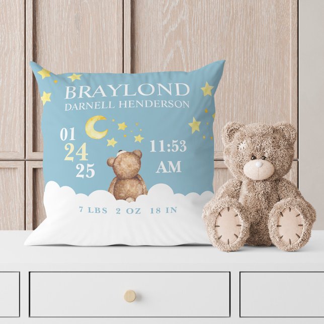 Blue Teddy Bear Birth Stats Nursery Pillow (Creator Uploaded)