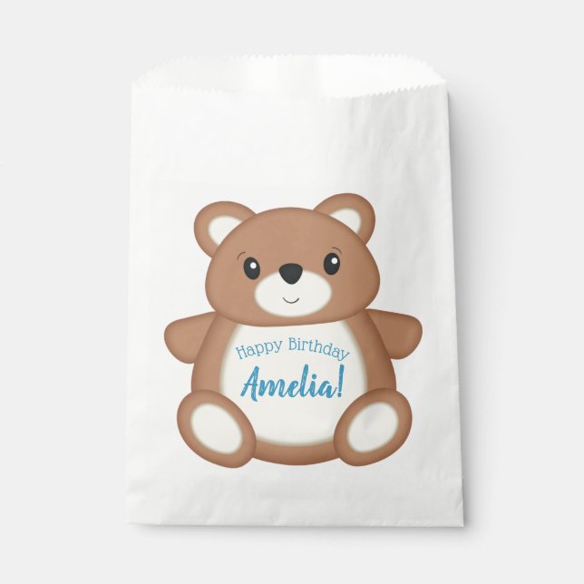 Blue Teddy Bear Birthday Party Favour Bag (Front)