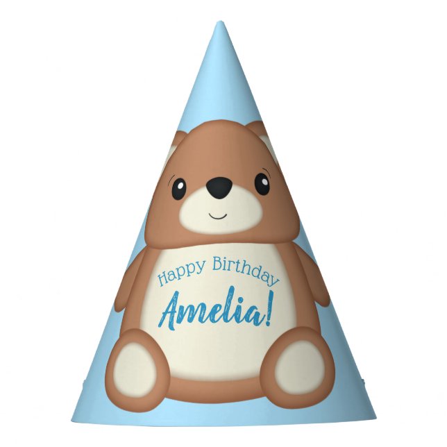 Blue Teddy Bear Birthday Party Hat (Front)