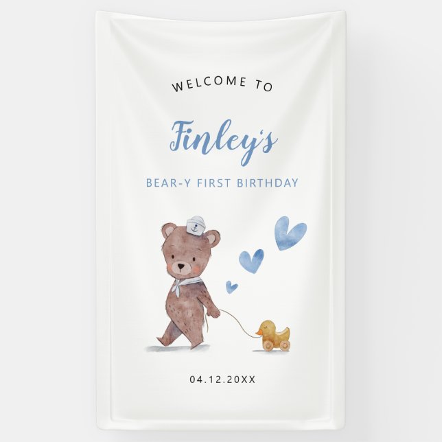 Blue Teddy Bear Birthday Party Welcome Sign (Vertical)