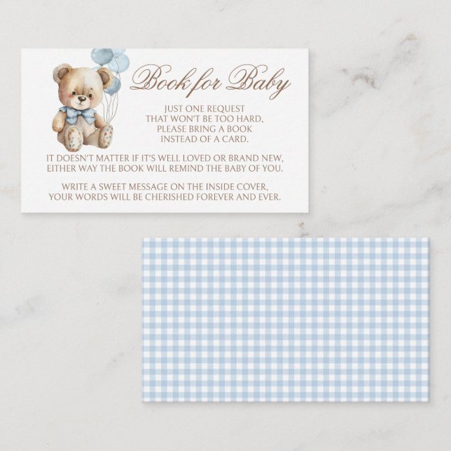 Blue Teddy Bear Bow Balloon Baby Diaper Raffle Enclosure Card (Front/Back)