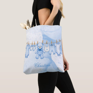 Blue Teddy Bear Clothesline Baby Shower Tote Bag