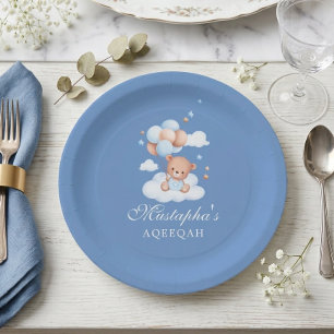 Blue Teddy Bear Cloud Balloon Aqeeqah Baby Boy Paper Plate